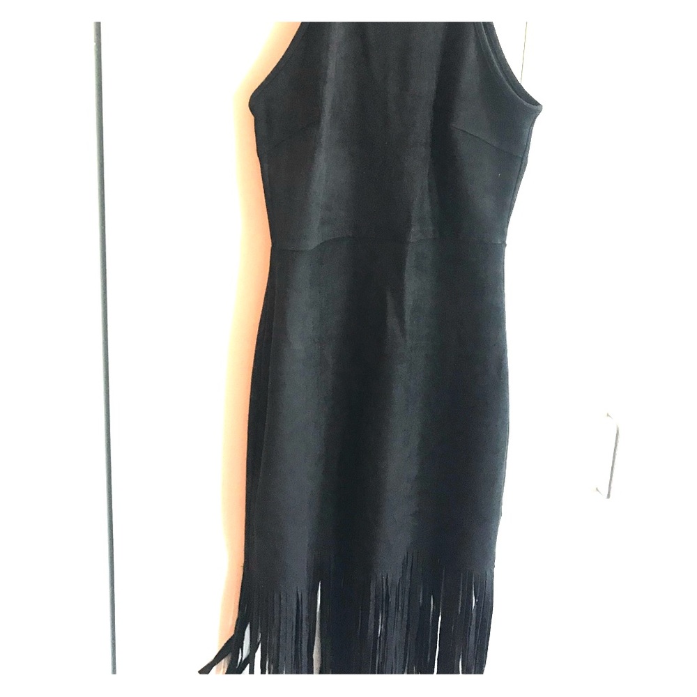 Never worn! Rich suede, fringe body con dress